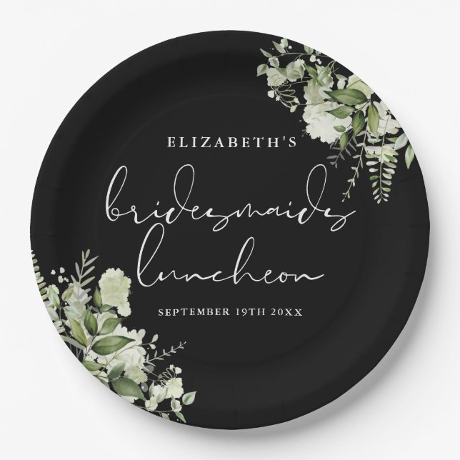 Greenery Black And White Bridesmaids Luncheon Paper Plate (Front)
