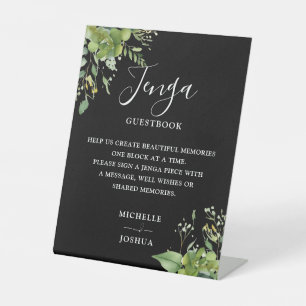 Greenery Black And White Jenga Wedding Guestbook Pedestal Sign
