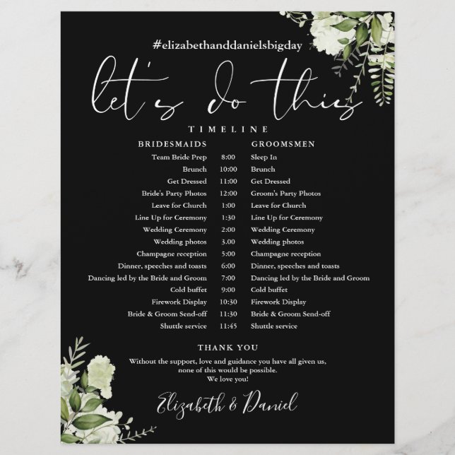 Greenery Black And White Wedding Schedule Timeline (Front)