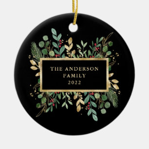 Greenery Black Christmas Holiday Ceramic Ornament