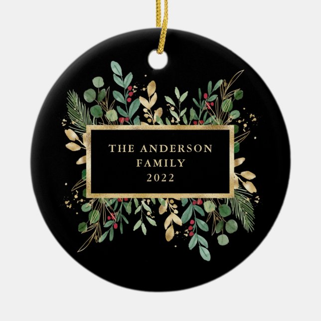 Greenery Black | Christmas Holiday Ceramic Ornament (Front)