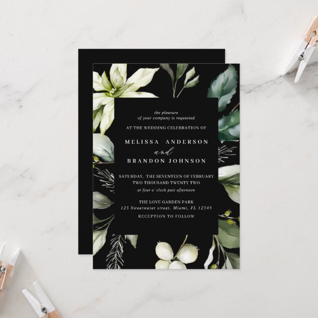Greenery Black | Watercolor Botanical Wedding  Invitation (Front/Back In Situ)