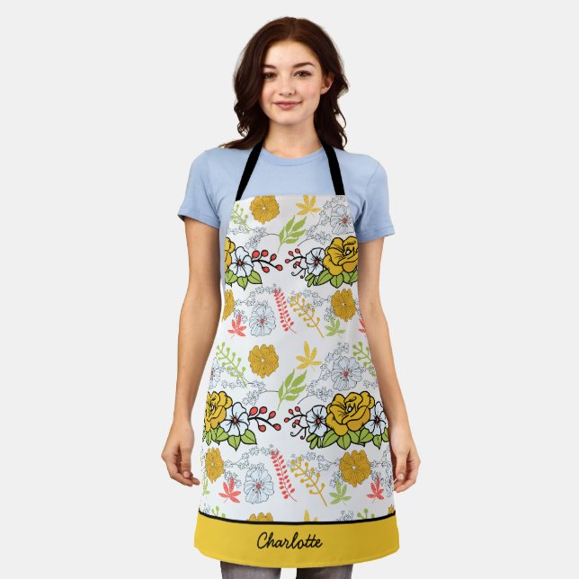 Greenery blossom floral pattern personalized name apron (Worn)