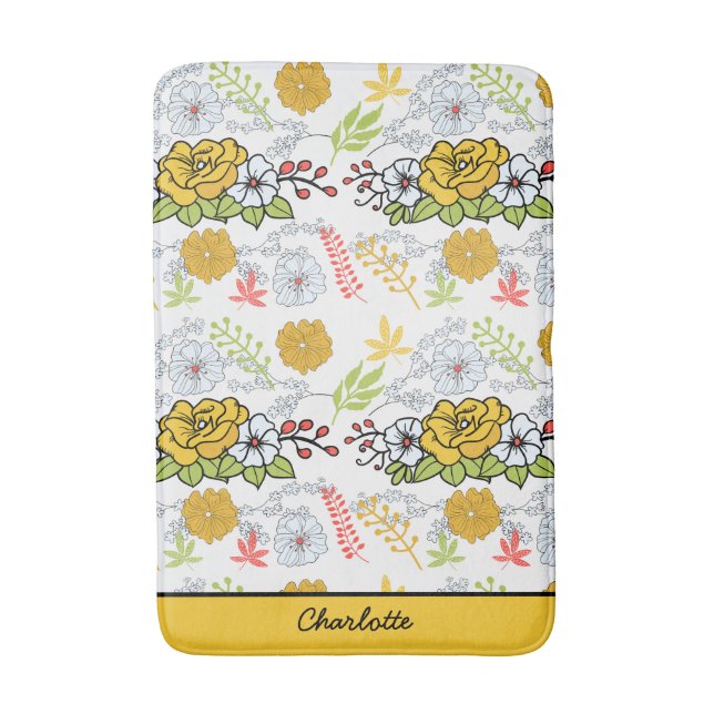 Greenery blossom floral pattern personalized name bath mat (Front Vertical)