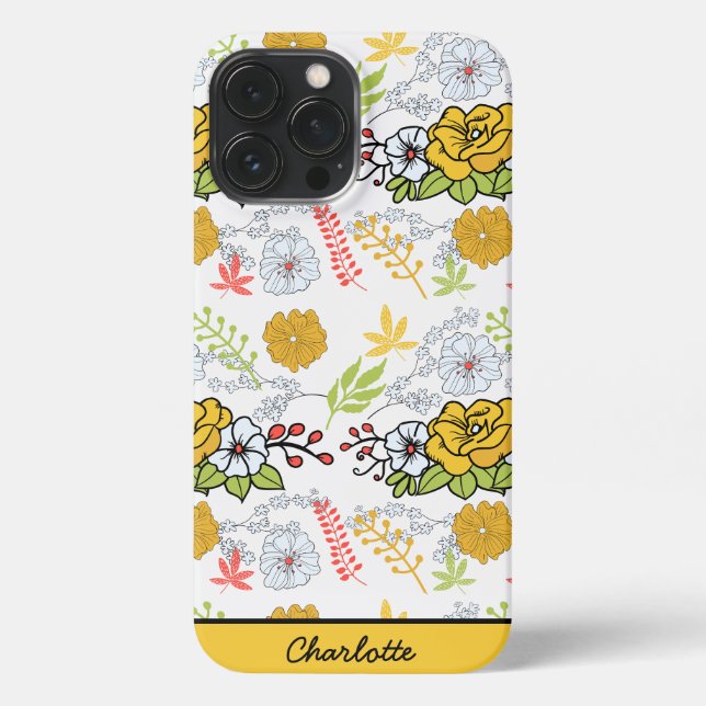 Greenery blossom floral pattern personalized name iPhone case (Back)