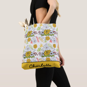 Greenery blossom floral pattern personalized name tote bag