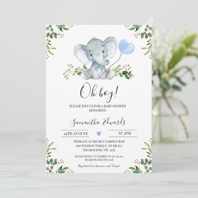 Greenery Blue Balloon Elephant Oh Boy Baby Shower Invitation (Standing Front)