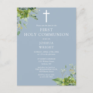 Greenery Blue First Holy Communion Save The Date Postcard