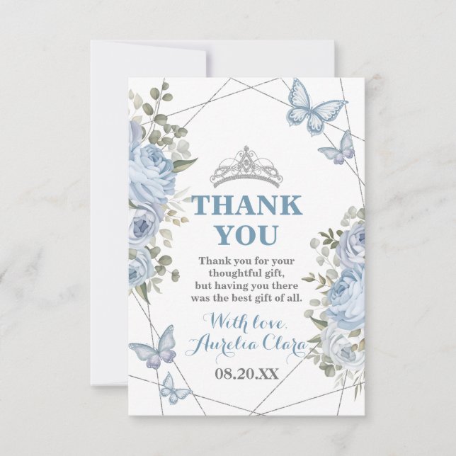 Greenery Blue Floral Butterflies 16th Quinceañera Thank You Card (Front)