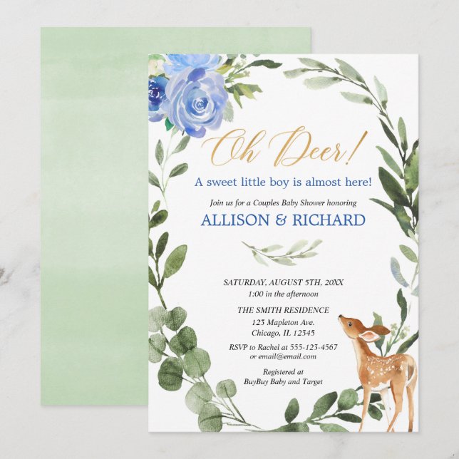 Greenery blue gold baby deer couples baby shower invitation (Front/Back)
