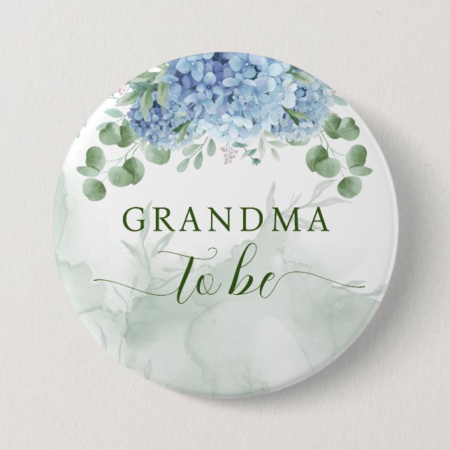 Greenery Blue hydrangea Baby Shower Grandma to be 3 Inch Round Button (Front)