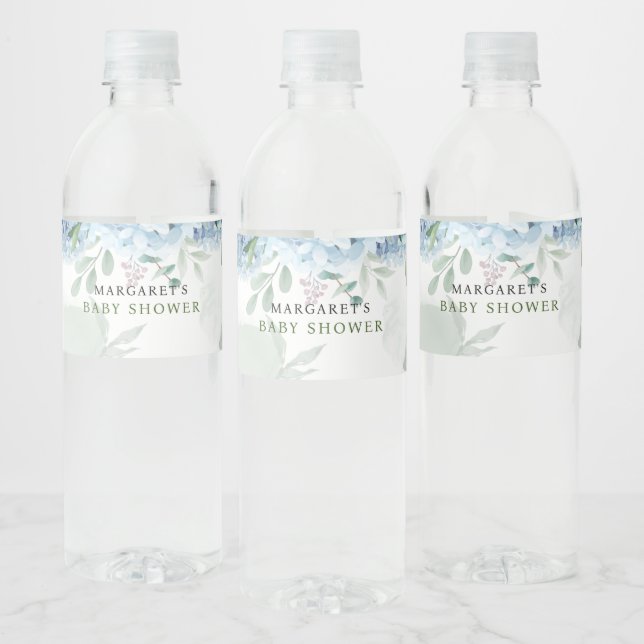Greenery Blue hydrangea Baby Shower Water Bottle Label (Bottles)