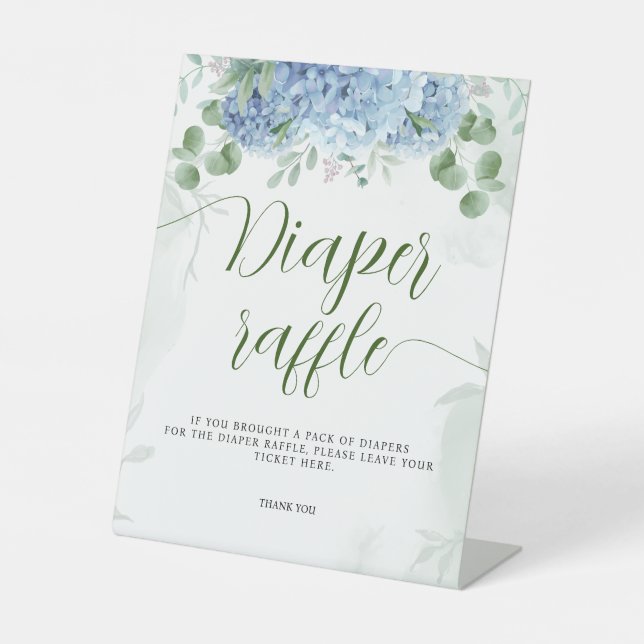 Greenery Blue hydrangea Diaper Raffle Baby Shower  Pedestal Sign (Front)
