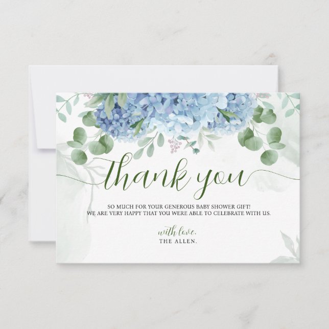 Greenery Blue hydrangea Thank You  Baby Shower (Front)