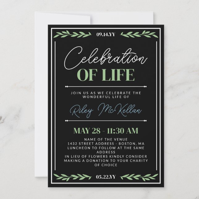 Greenery Blue Script Celebration of Life Invitation (Front)