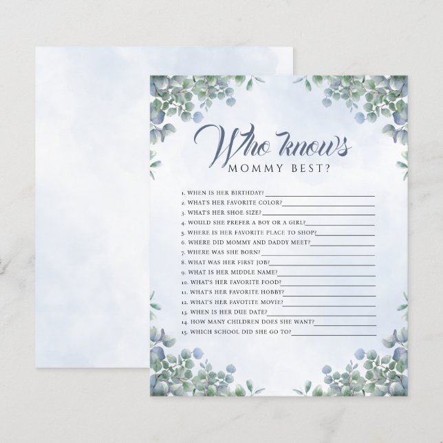 Greenery Blue Watercolor Who Knows Mommy Baby Game (Front/Back)