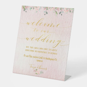 Greenery Blush & Gold Fancy Calligraphy Welcome Pedestal Sign