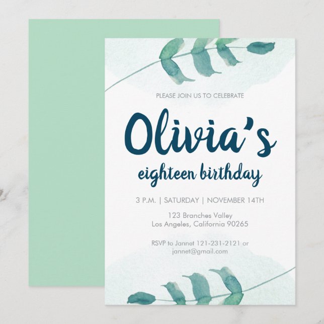 Greenery Blush leaf Botanical Watercolor birthday Invitation (Front/Back)