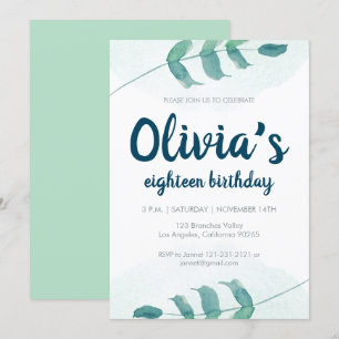 Greenery Blush leaf Botanical Watercolor birthday Invitation