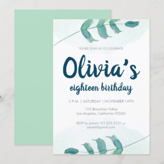 Greenery Blush leaf Botanical Watercolor birthday Invitation