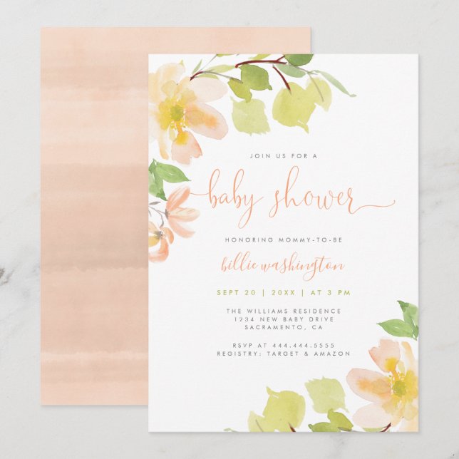 Greenery & Blush Pink Floral Script Baby Shower Invitation (Front/Back)