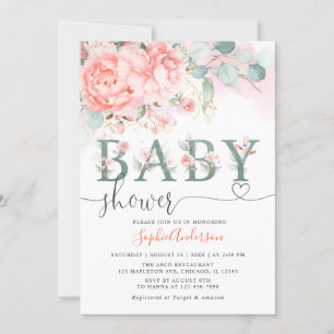 Greenery Blush Pink Rose Gold Elegant Baby Shower Invitation