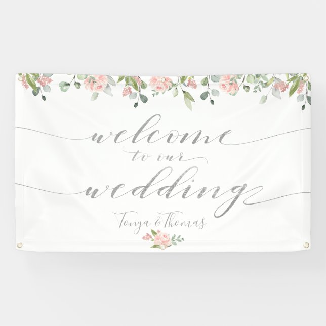 Greenery & Blush Pink Silver Calligraphy Welcome Banner (Horizontal)