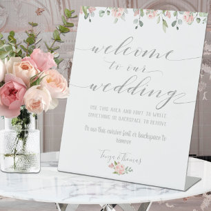 Greenery Blush & Silver Fancy Calligraphy Welcome Pedestal Sign