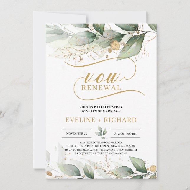 Greenery boho eucalyptus gold leaves vow renewal invitation (Front)
