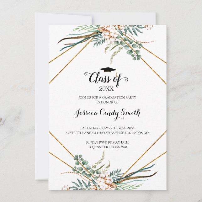 Greenery Boho Eucalyptus Leaves Photo Graduation Invitation (Front)
