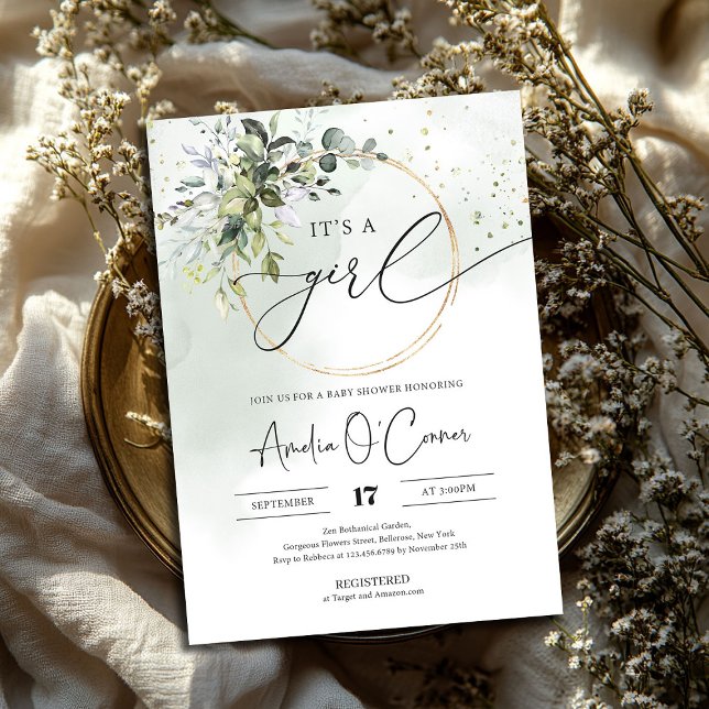 Greenery Boho It's A Girl Baby Shower Invitation (Greenery Boho It's A Girl Baby Shower Invitation with modern callygraphy script font)