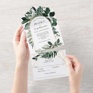 Greenery Boho Modern Arch, Garden Wedding All In One Invitation