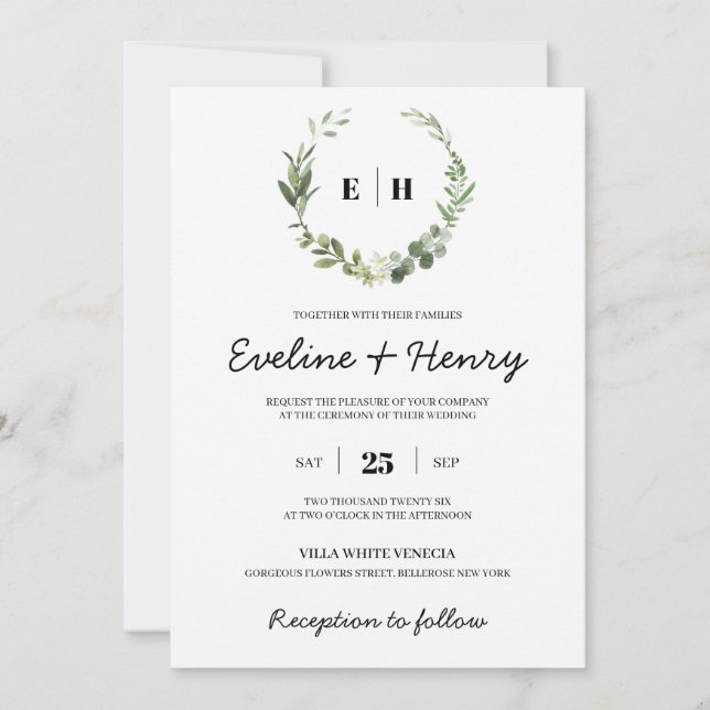 Greenery boho monogram succulent initials wedding invitation (Front)