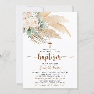 Greenery Boho Pampas Grass Baptism Invitation