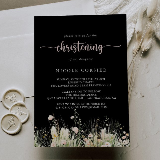 Greenery Boho Wildflower Black Christening  Invitation (Creator Uploaded)