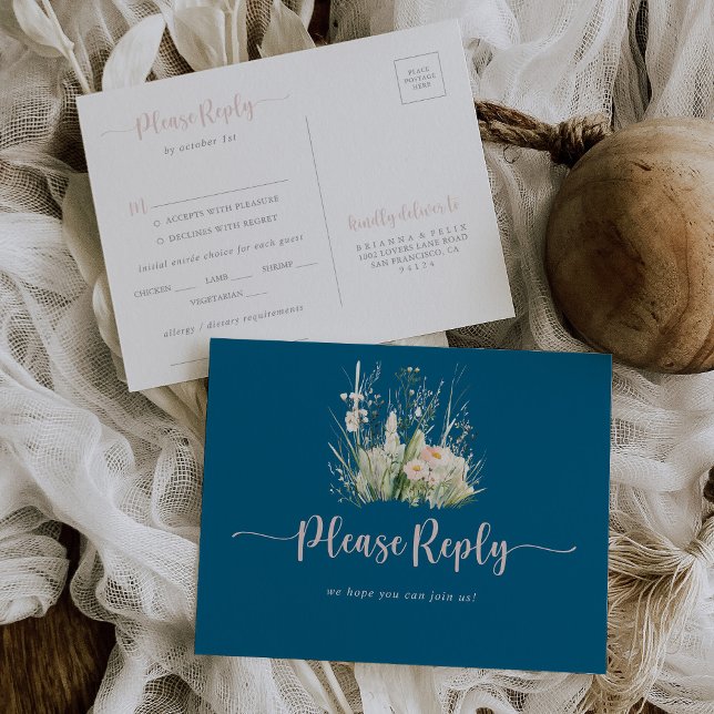 Greenery Boho Wildflower Navy Menu Choice RSVP  Postcard (Creator Uploaded)