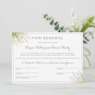 Greenery Boho Wildflower Vow Renewal Certificate Invitation