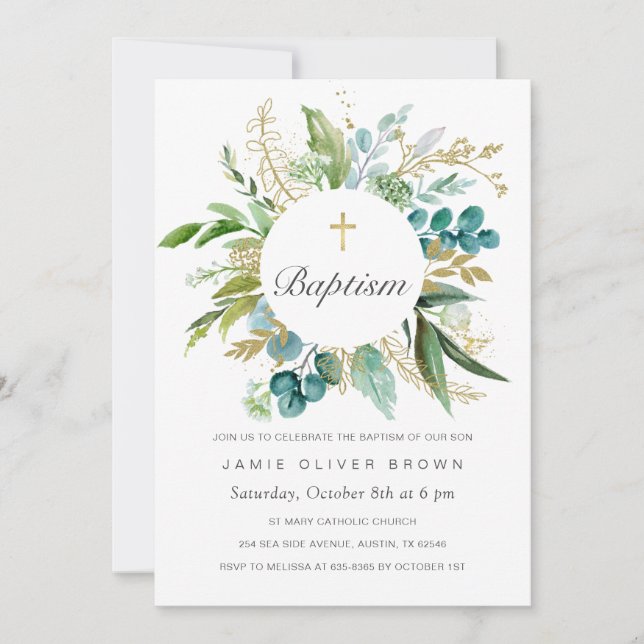 Greenery Botanical Baptism Invitation Boy (Front)