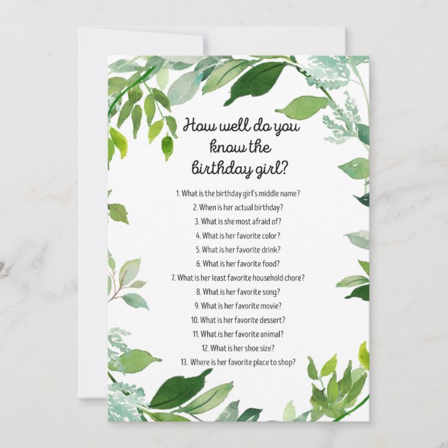 Greenery Botanical Birthday Girl Game 5x7" Size Invitation (Front)