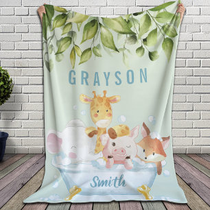 Greenery Botanical Cute Baby Animals in a Tub Sherpa Blanket