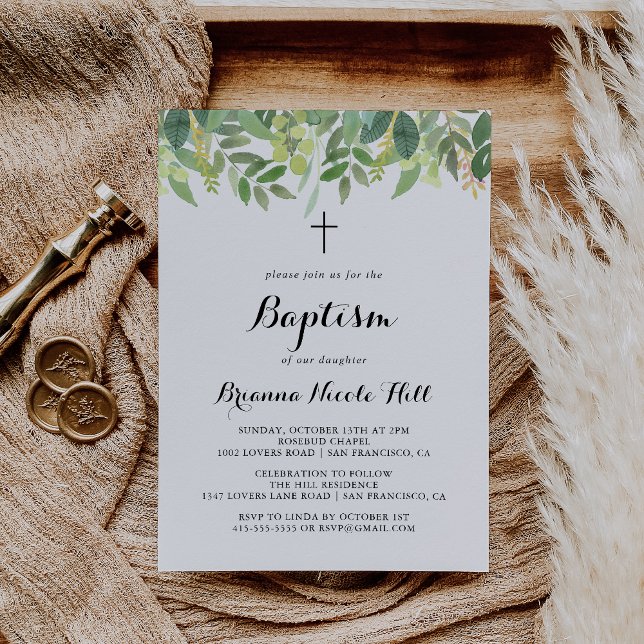 Greenery Botanical Foliage Calligraphy Baptism Invitation (Creator Uploaded)