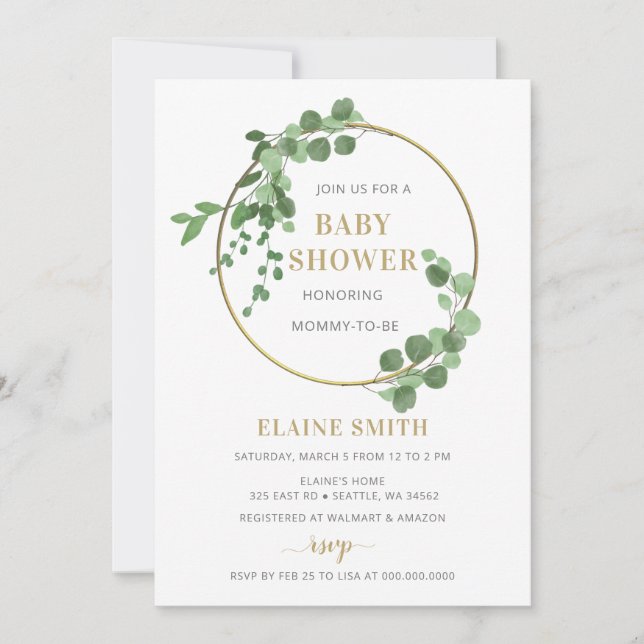 Greenery Botanical Gold Gender Neutral Baby Shower Invitation (Front)