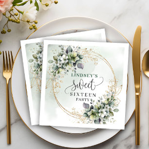 Greenery Botanical Gold Sweet 16 Birthday Napkins