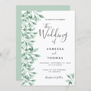 Greenery botanical green white script wedding invitation