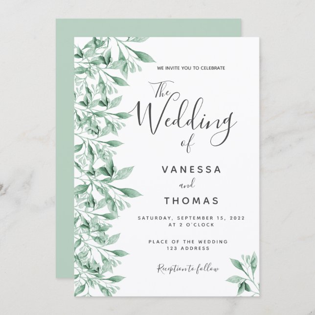 Greenery botanical green white script wedding invitation (Front/Back)