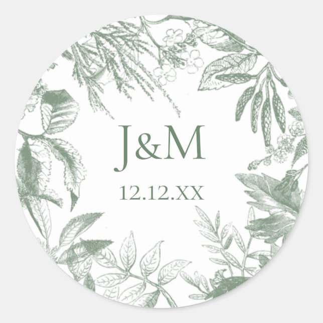 Greenery Botanical Leaves Wreath Classic Round Sticker (Front)