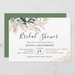 Greenery Botanical Olive, Gold Bridal Shower Invitation