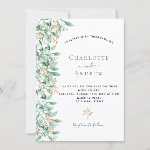Greenery botanical sage green gold wedding invitation