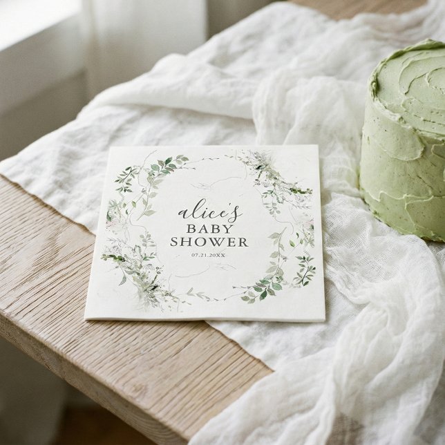 Greenery Botanical Script Baby Shower Napkin (Creator Uploaded)