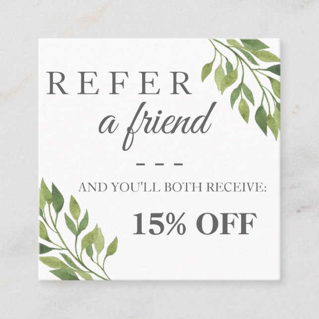 Greenery botanical square elegant referral card (Front)